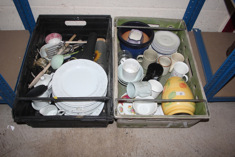 Two boxes of miscellaneous china, cutlery etc.