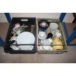 Two boxes of miscellaneous china, cutlery etc.