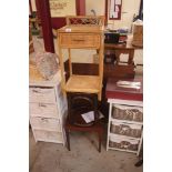 A cane and wicker bedside table; a bent wood stool