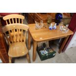 A stripped pine and oak table; and two slat back c