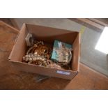 A box of costume jewellery to include brooch, dres