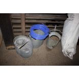 Two galvanised mop buckets; a galvanised watering