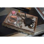 A box containing a pocket watch, Timex timepiece, various cutlery etc.