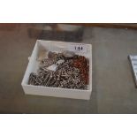 A box containing silver and other watch chains; va