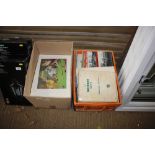 Two boxes containing various unframed prints, book