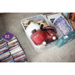 A box containing Meakin teaware, saucepans etc.