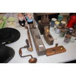 Two wood working planes; drill bits etc