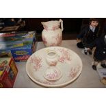 A Victorian wash jug and bowl; soap dish and tooth