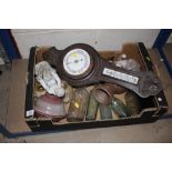 A box of old glass bottles; a barometer AF and var