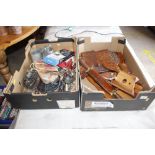 Two boxes of metalware and wooden ware