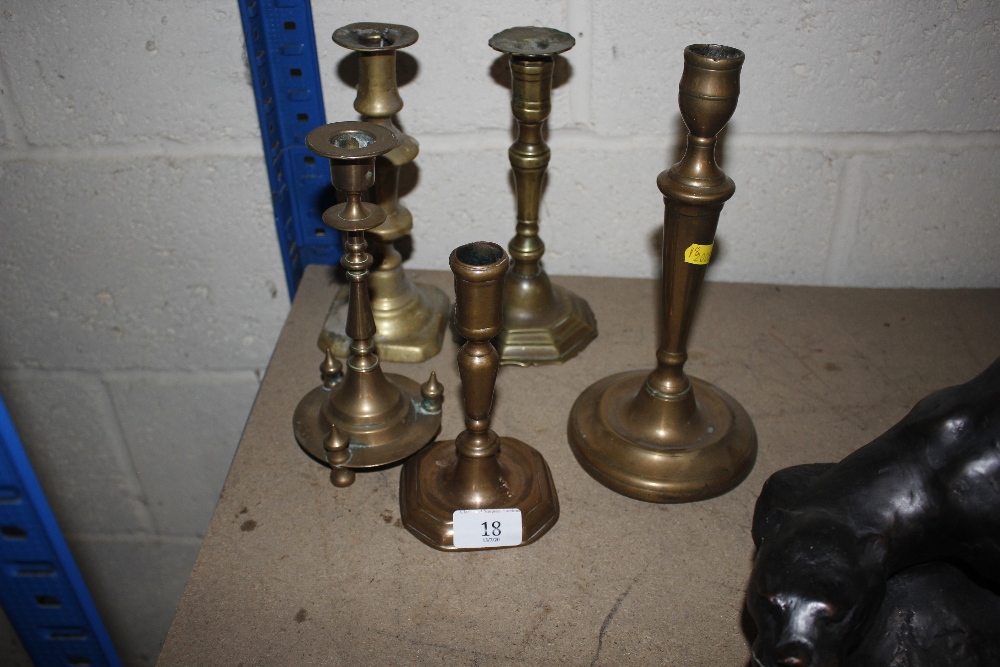 Five various antique brass candlesticks