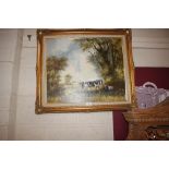 A gilt framed oil on board of cattle by Kevin Curt