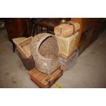 A large quantity of various wicker baskets; and a part picnic set