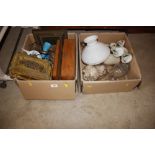 Two boxes containing writing box, bird ornament, v