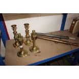 Four brass candle sticks and two hand sprayers