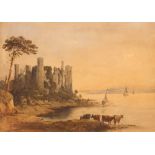 19th Century school, study of cattle watering beside a ruined castle, sailing vessels in the far