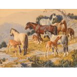 Charles Tunnicliffe, 1901-1979, study of Welsh mountain ponies on a hillside, signed watercolour,