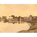 Roland Hilder 1905-1993, study of buildings around a pond, signed oil on board 37cm x 47cm