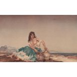 William Russell Flint, pencil signed coloured print, semi naked girl seated by the fore shore, blind