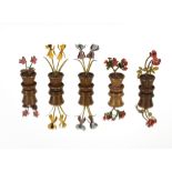 Five rare and unusual miniature cold painted bronze flower pots place settings, marked under R & G