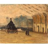 Manner of Claude Monet, study of a train station, oil on panel unframed, 32cm x 39cm