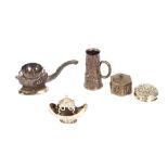Five various Eastern white metal items, including drink measures, two boxes, and model junk