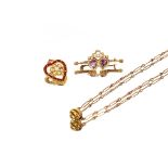 A heart shaped gold, enamel and pearl set pendant brooch; a double heart shaped amethyst and pearl