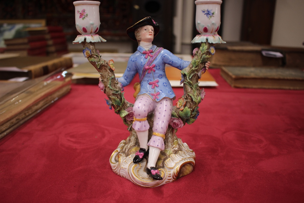A pair of 19th Century Meissen porcelain figural candlesticks, depicting maid and youth seated on - Image 16 of 21