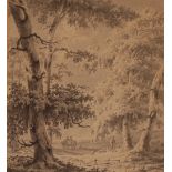 Attributed to Paul Van Liender, Travellers on a country road, sepia watercolour, 31.5cm x 28cm
