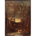 Follower of Thomas Gainsborough, East Anglian woodland stream with cattle at dusk, unsigned oil on