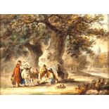 Attributed to George Morland, 1763-1804, study of gypsies and a donkey resting beneath a tree,