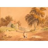 19th Century Suffolk school, study of figures on a country path, cottage in the near ground, river
