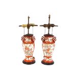 A pair of large Japanese "Kutani" pattern baluster table lamps, 62cm high overall