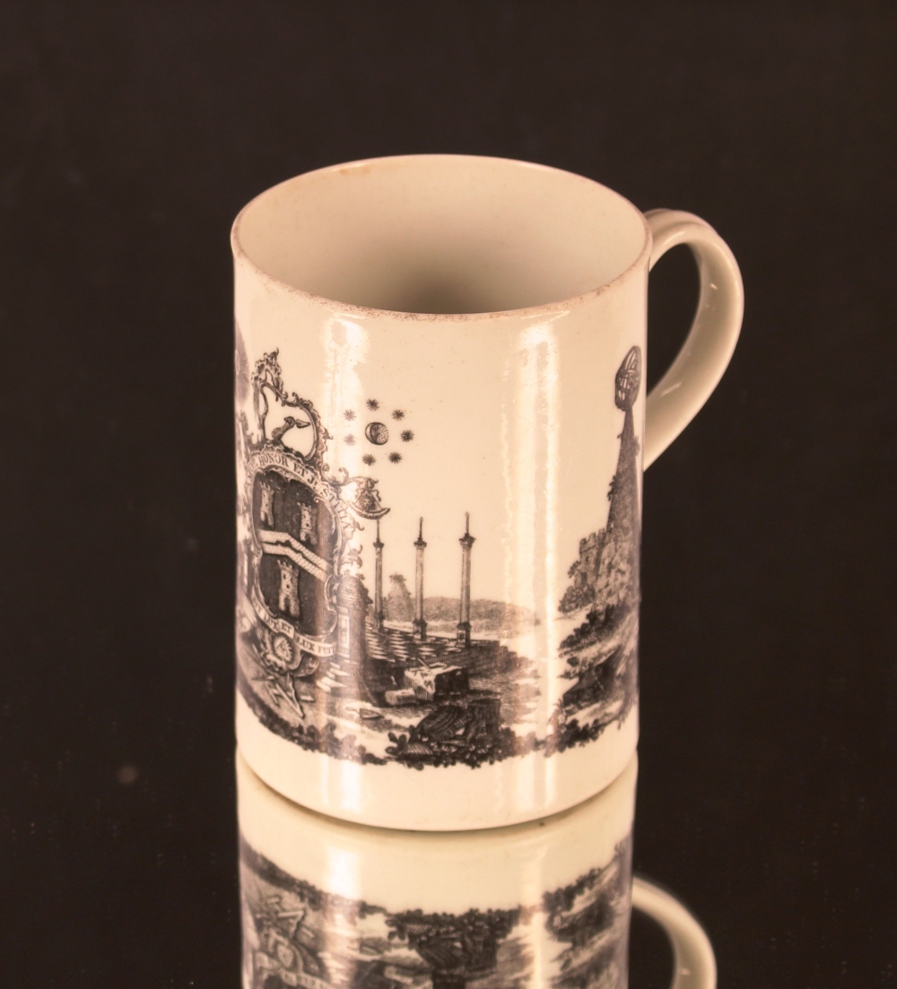 A late 18th/early 19th Century Masonic porcelain mug, decorated with symbols and scenes of