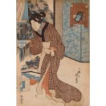 Six late 18th/early 19th Century Japanese wood cuts, depicting ladies in various pursuits, (two