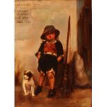 Manner of William Mulready, ragamuffin boy with dog and broomstick leaning against a wall, oil on