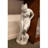 A French biscuit ware blanc de chine figure of a naked maiden, drying herself, 78cm high