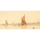 C. Rackham, study of sailing barges with town in the far ground, signed watercolour dated 1892, 15cm