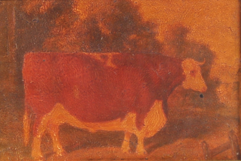 Herbert St John Jones 1870-1939, prize bull in a landscape, oil on board inscribed verso 11cm x 17cm