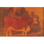 Herbert St John Jones 1870-1939, prize bull in a landscape, oil on board inscribed verso 11cm x 17cm