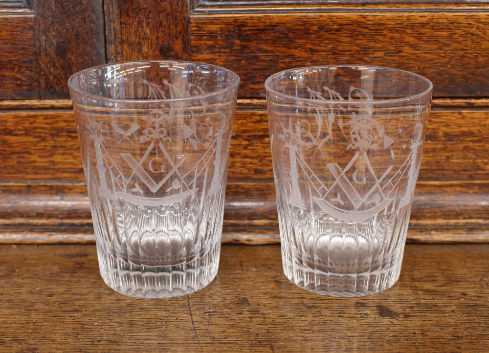 Six Masonic etched glass spirit tumblers, monogrammed GM and a hob-nail cut decorated spirit