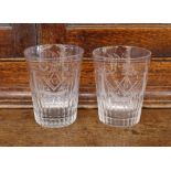 Six Masonic etched glass spirit tumblers, monogrammed GM and a hob-nail cut decorated spirit