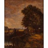 After Constable, study of Dedham Lock, unsigned oil on canvas, 60cm x 49cm