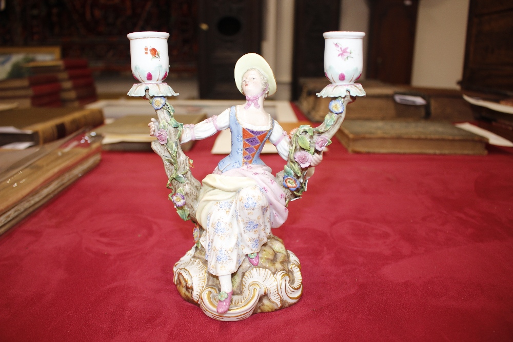 A pair of 19th Century Meissen porcelain figural candlesticks, depicting maid and youth seated on - Image 2 of 21