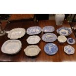 A collection of various Victorian blue and white china, including Asiatic pheasant pattern plates