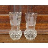 A pair of Masonic etched heavy glass baluster vases, with hob-nail cut bases, etched with symbols,