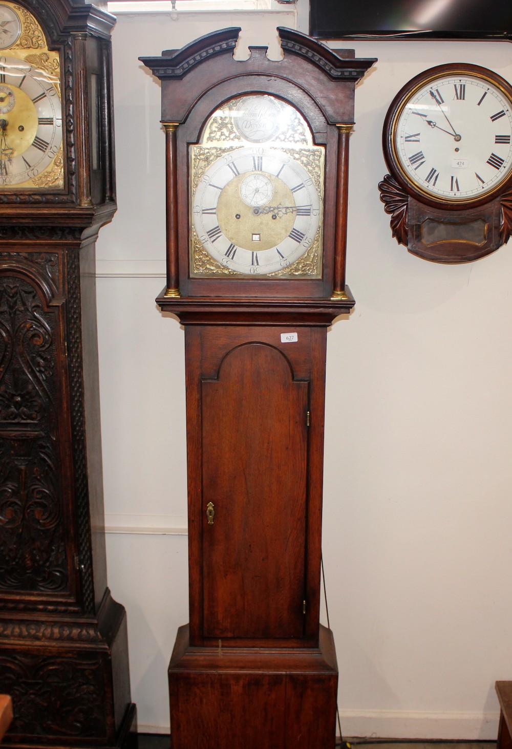 A Georgian oak long case clock, the arched hood enclosing brass spandrel dial with steel chapter - Image 2 of 2