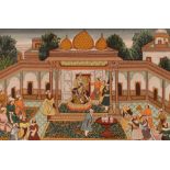 Indian (Mogul) school, painting on fabric depicting ruler on throne surrounded by courtiers,