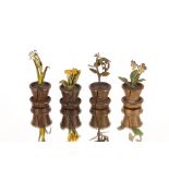 Four rare and unusual miniature cold painted bronze flower pots, place settings marked under R & G