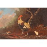 Continental school 19th Century, cockerel and chicks in a landscape, oil on heavy panel 26cm x 34cm